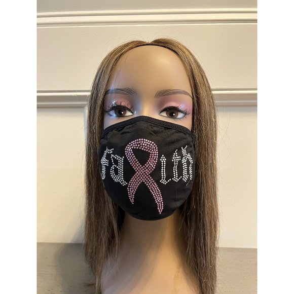 Breast Cancer Awareness Pink Ribbon Bling Face Mask Rhinestone - Picture 1 of 10